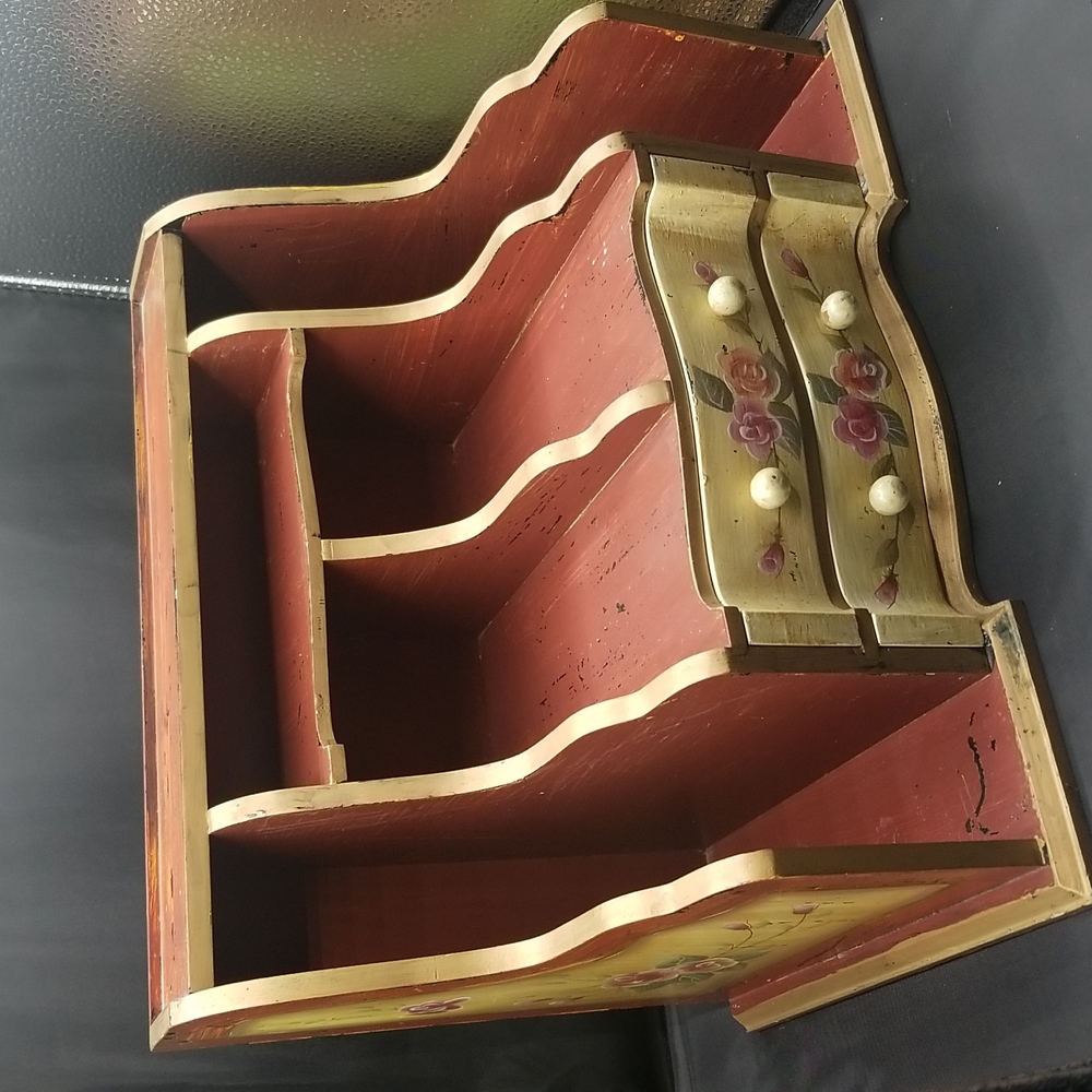 Antique Tole Painted wood  Floral Florentine French Desk organizer Box